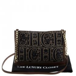 Pre Owned Carolina Herrera Blue/Brown Fabric and Leather Shoulder Bag