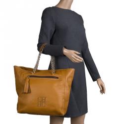Pre Owned Carolina Herrera Tan Leather Shopping Tote