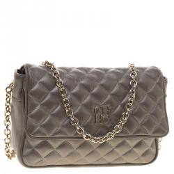 Pre Owned Carolina Herrera Metallic Grey Quilted Leather Shoulder Bag