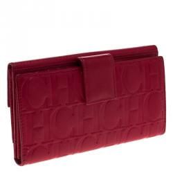 Pre Owned Carolina Herrera Red Monogram Leather Flap Wallet