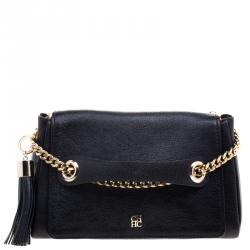 Pre Owned Carolina Herrera Black Leather Flap Shoulder Bag