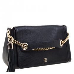 Pre Owned Carolina Herrera Black Leather Flap Shoulder Bag