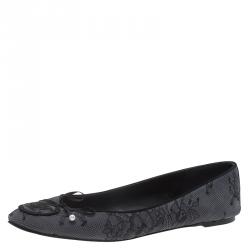 Pre Owned Carolina Herrera Grey Lace Ballet Flats Size 38