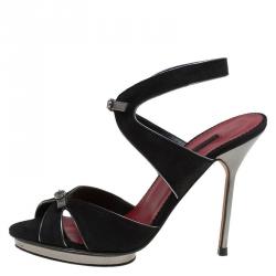 Pre Owned Carolina Herrera Black Suede and Silver Leather Sandals Size 38