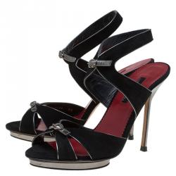 Pre Owned Carolina Herrera Black Suede and Silver Leather Sandals Size 38