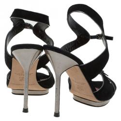 Pre Owned Carolina Herrera Black Suede and Silver Leather Sandals Size 38