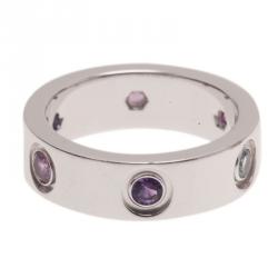 Pre Owned Cartier Love Colored Gemstones and White Gold Band Ring Size 49