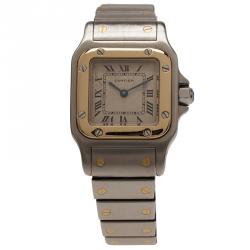 Pre Owned Cartier Cream Stainless Steel and 18K Yellow Gold Santos Women's Wristwatch 24MM