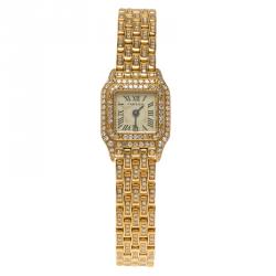 Pre Owned Cartier Cream 18K Yellow Gold Diamond Panthere Women's Wristwatch 16MM