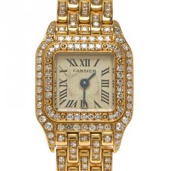 Pre Owned Cartier Cream 18K Yellow Gold Diamond Panthere Women's Wristwatch 16MM