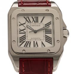 Pre Owned Cartier White Stainless Steel Santos 100 Women's Wristwatch 34MM