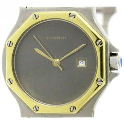 Pre Owned Cartier Grey 18K Yellow Gold and Stainless Steel Santos Octagon Women's Wristwatch 29MM