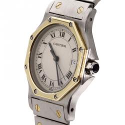 Cartier White 18K Yellow Gold and Stainless Steel Santos Octagon Women's Wristwatch 30MM