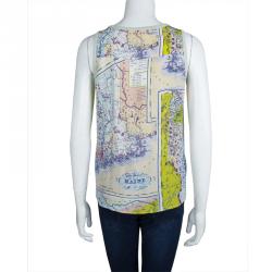 Carven Multicolor Map Printed Silk Sleeveless Top M