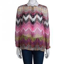 Carven Multicolor Silk Button Down Long Sleeve Shirt L