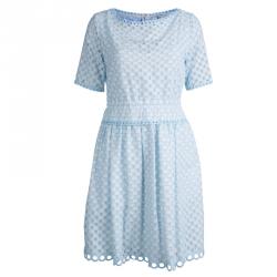 Carven White and Blue Schiffli Embroidered Short Sleeve Cotton Dress L