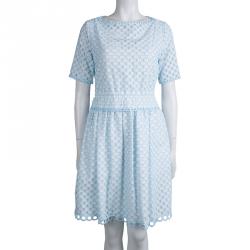 Carven White and Blue Schiffli Embroidered Short Sleeve Cotton Dress L
