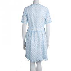 Carven White and Blue Schiffli Embroidered Short Sleeve Cotton Dress L