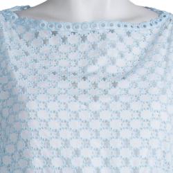 Carven White and Blue Schiffli Embroidered Short Sleeve Cotton Dress L