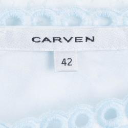 Carven White and Blue Schiffli Embroidered Short Sleeve Cotton Dress L