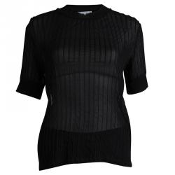 Carven Black Corded Crewneck Sheer Top L