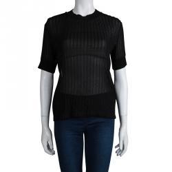 Carven Black Corded Crewneck Sheer Top L