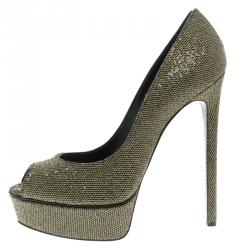 Pre Owned Casadei Glitter Lamé Fabric Daisy Peep Toe Platform Pumps Size 40