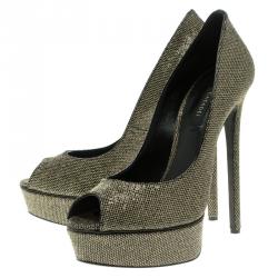 Pre Owned Casadei Glitter Lamé Fabric Daisy Peep Toe Platform Pumps Size 40