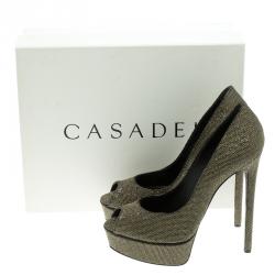 Pre Owned Casadei Glitter Lamé Fabric Daisy Peep Toe Platform Pumps Size 40
