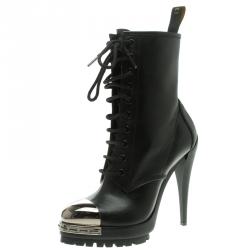 Pre Owned Casadei Black Leather Metal Cap Toe Lace Up Combat Boots Size 37