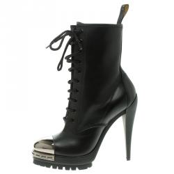 Pre Owned Casadei Black Leather Metal Cap Toe Lace Up Combat Boots Size 37