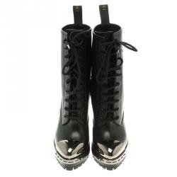 Pre Owned Casadei Black Leather Metal Cap Toe Lace Up Combat Boots Size 37