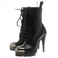 Pre Owned Casadei Black Leather Metal Cap Toe Lace Up Combat Boots Size 37