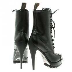 Pre Owned Casadei Black Leather Metal Cap Toe Lace Up Combat Boots Size 37