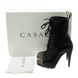 Pre Owned Casadei Black Leather Metal Cap Toe Lace Up Combat Boots Size 37