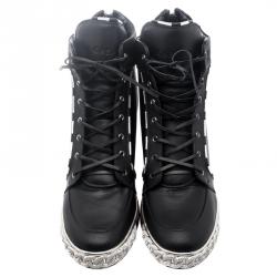 Pre Owned Casadei Black Leather Chain Detail Wedge Sneakers Size 41
