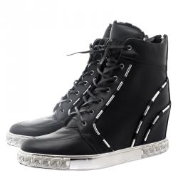 Pre Owned Casadei Black Leather Chain Detail Wedge Sneakers Size 41