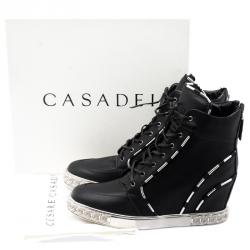Pre Owned Casadei Black Leather Chain Detail Wedge Sneakers Size 41