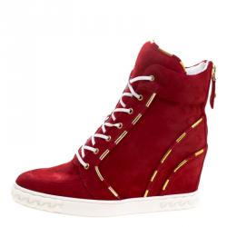 Pre Owned Casadei Red Suede High Top Wedge Sneakers Size 39