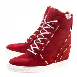 Pre Owned Casadei Red Suede High Top Wedge Sneakers Size 39
