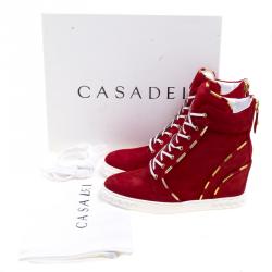 Pre Owned Casadei Red Suede High Top Wedge Sneakers Size 39