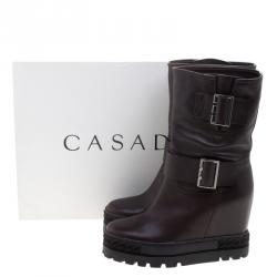Pre Owned Casadei Dark Brown Leather Wedge Boots Size 38
