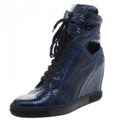 Casadei Two Tone Python Cut-Out Wedge High Top Sneakers Size 41
