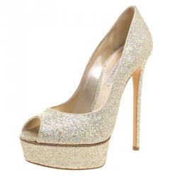 Pre Owned Casadei Glitter Lamé Fabric Peep Toe Platform Pumps Size 38.5