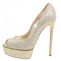 Pre Owned Casadei Glitter Lamé Fabric Peep Toe Platform Pumps Size 38.5