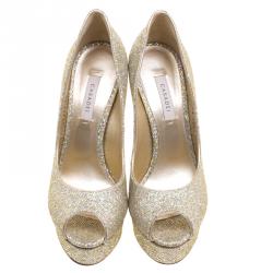 Pre Owned Casadei Glitter Lamé Fabric Peep Toe Platform Pumps Size 38.5