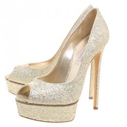 Pre Owned Casadei Glitter Lamé Fabric Peep Toe Platform Pumps Size 38.5