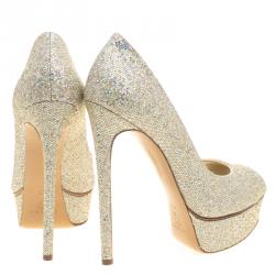 Pre Owned Casadei Glitter Lamé Fabric Peep Toe Platform Pumps Size 38.5