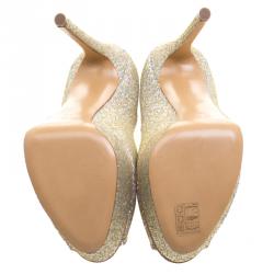 Pre Owned Casadei Glitter Lamé Fabric Peep Toe Platform Pumps Size 38.5