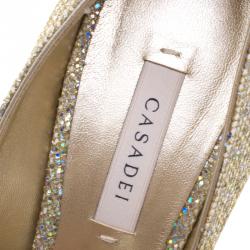 Pre Owned Casadei Glitter Lamé Fabric Peep Toe Platform Pumps Size 38.5